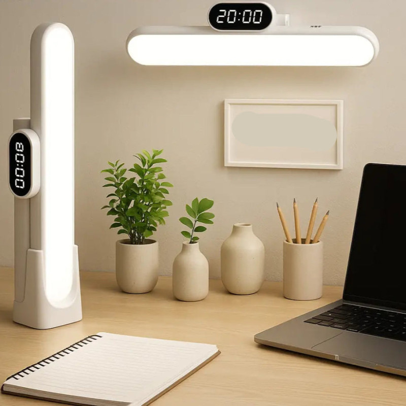 LuxeGlow LED Desk Lamp with Digital Clock – Minimalist Rechargeable Study & Work Light