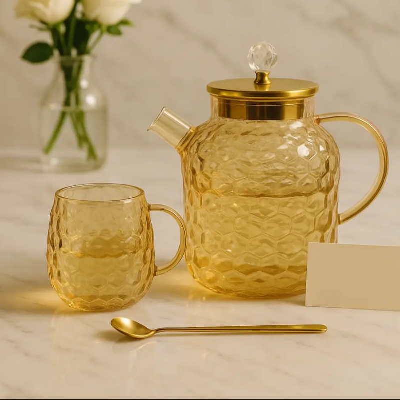 Luxury Amber Glass Tea Set – 13 Pcs | Elegant Kettle, Glass Cups & Gold Spoons | Adornia Pakistan