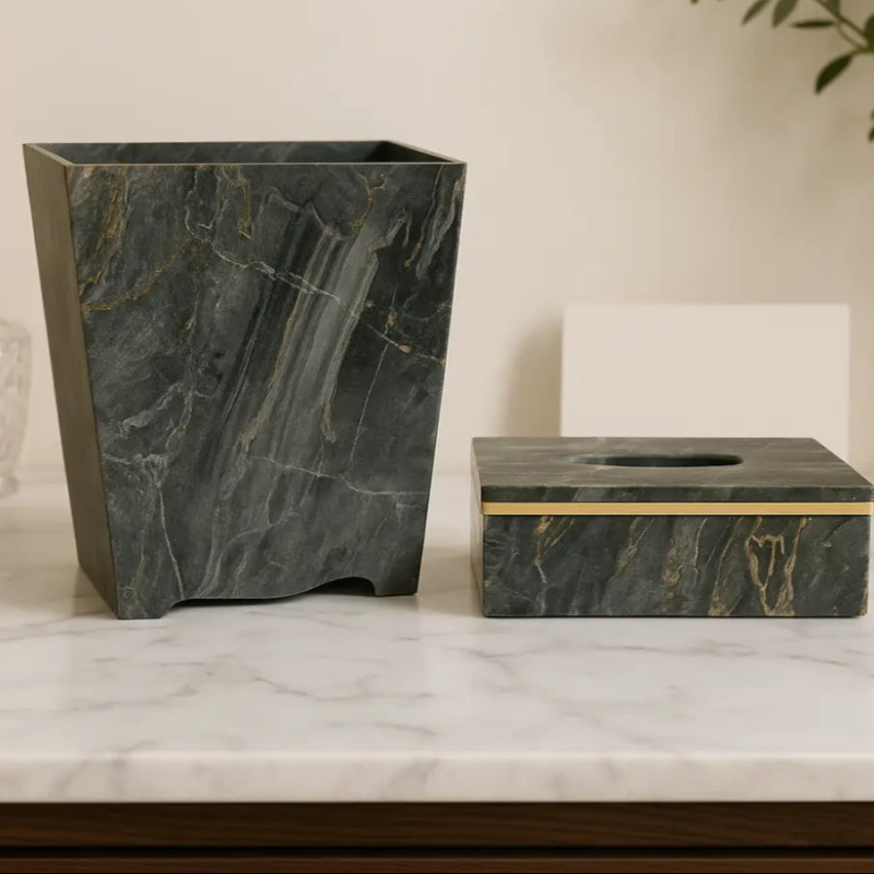 Luxury Black Marble Tissue Box & Dustbin Set – Elegant Gold Veined Design