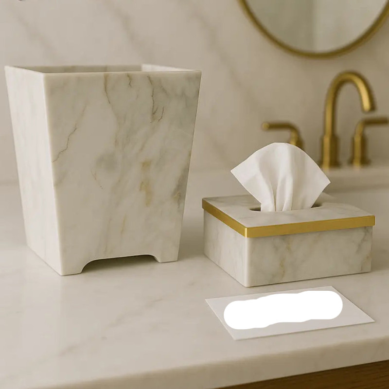 Luxury Marble Tissue Box & Dustbin Set – Gold Accent Premium Bathroom Collection