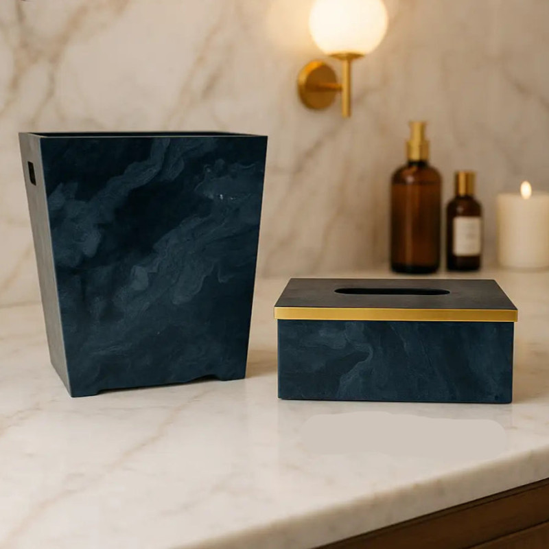 Luxury Navy Marble Tissue Box & Bin Set with Gold Accent