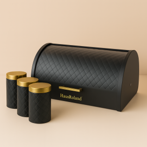 HausRoland Luxe Quilted Bread Bin & Canister Set â€“ Black & Gold