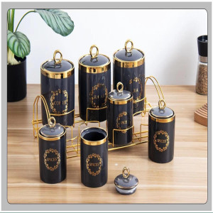 7 Pcs Canister Set with Stand – Stylish Kitchen Storage Jars for Tea, Sugar, Coffee, Spices