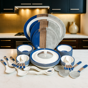 Premium 68 PCS Melamine Dinner Set – Blue & Wood Design | Adornia.pk