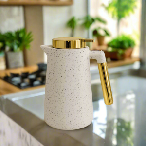 Vacuum Flask Carafe 1L | White Stone Texture Insulated Coffee & Tea Pot with Gold Accents