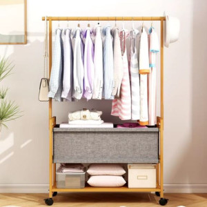 Multi-Functional Wooden Coat Rack with Fabric Basket & Swivel Wheels
