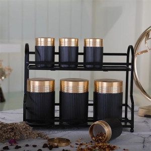9 pcs Elegant Gold Lid Black Kitchen Sugar Storage Jar Ceramic Tea Coffee Canister Sets with Metal Stand