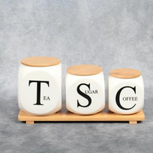 Modern Ceramic Jar Set with Bamboo Stand – Tea, Sugar & Coffee Containers | Adornia.pk