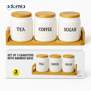 3-Piece Textured Airtight Tea Coffee Sugar Jar Set with Wooden Stand