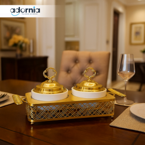 LUXURY GOLD SERVING SET – WHITE CERAMIC BOWLS WITH DECORATIVE HANDLE TRAY - 2 COMPARTMENT