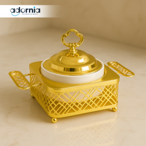 LUXURY GOLD SERVING SET – WHITE CERAMIC BOWLS WITH DECORATIVE HANDLE TRAY - 1 COMPARTMENT
