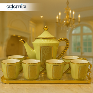 ROYAL WHITE & GOLD TEA SET – 7 PIECE LUXURY CERAMIC SET WITH TRAY FOR VILLA KITCHEN DISPLAY - PISTACHIO GREEN & GOLDEN