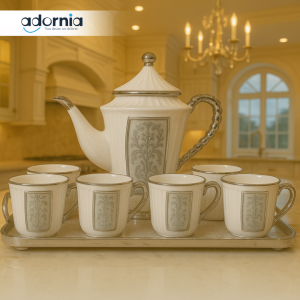 ROYAL WHITE & GOLD TEA SET – 7 PIECE LUXURY CERAMIC SET WITH TRAY FOR VILLA KITCHEN DISPLAY - WHITE & SILVER