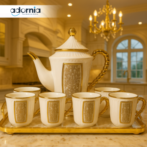 ROYAL WHITE & GOLD TEA SET – 7 PIECE LUXURY CERAMIC SET WITH TRAY FOR VILLA KITCHEN DISPLAY - WHITE & GOLD