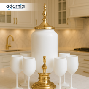 LUXURY GLASS DISPENSER SET WITH GOLD BASE & 6– GLASS PREMIUM HOME DECOR - WHITE