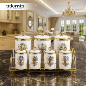 6PIECE LUXURY CERAMIC SPICE JAR SET WITH GOLDEN TREE DESIGN & METAL RACK – PREMIUM KITCHEN STORAGE CONTAINERS - WHITE