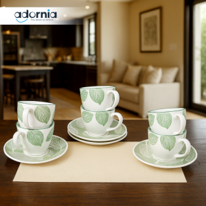 200ML 6PIECE CERAMIC CUP & SAUCER SET – GREEN LEAF DESIGN FOR LUXURY KITCHEN SERVING