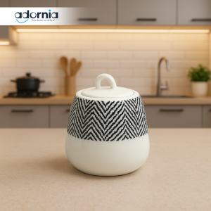 MODERN CERAMIC SUGAR BOWL WITH LID – BLACK & WHITE PATTERN – LUXURY KITCHEN COUNTER DECOR