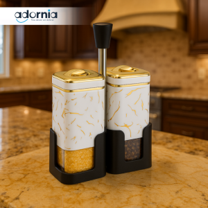 LUXURY MARBLE SALT & PEPPER DISPENSER SET – ELEGANT GOLD ACCENTED KITCHEN ACCESSORY - WHITE