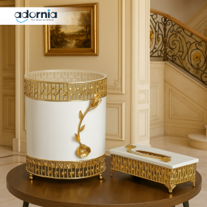 LUXURY WHITE & GOLD TISSUE BOX AND DUSTBIN SET – VILLA DECOR STYLE