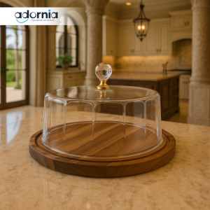 LUXURY ROUND GLASS CAKE DOME WITH CRYSTAL KNOB | WOODEN BASE DESSERT DISPLAY FOR KITCHEN & DINING