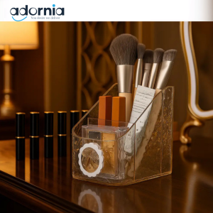 Luxury Textured Acrylic Makeup Organizer – 3-Compartment Brush & Lipstick Holder