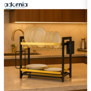 Luxury 2-Tier Dish Rack with Gold Accents – Modern Countertop Plate Organizer