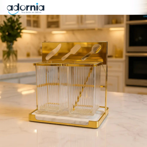 Premium Gold Glass Cutlery Holder Set – Dual Kitchen Utensil Organizer