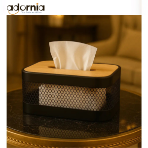 Modern Mesh Tissue Box – Black Metal & Bamboo Cover Dispenser