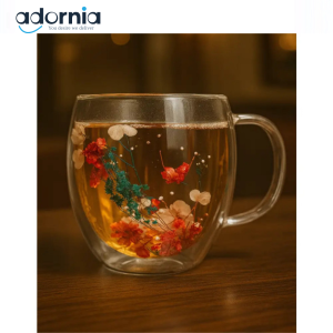 Double Wall Glass Mug with Dried Flower Design – Elegant Insulated Tea & Coffee Cup