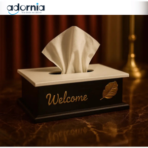 Luxury Wooden Tissue Box with Gold “Welcome” Emblem