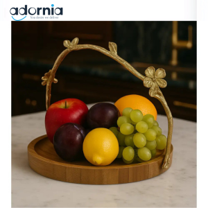 Luxury Wooden Fruit Tray with Golden Floral Handle