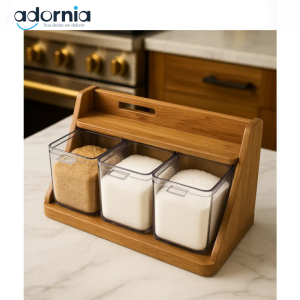 Luxury Wooden Spice & Sugar Organizer – 3 Container Set