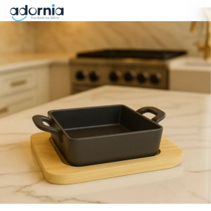 Square Cast Iron Baking Dish with Wooden Base
