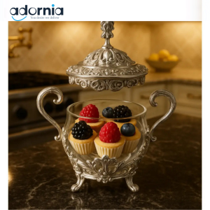 Luxury Silver Glass Dessert & Sugar Jar with Lid – Ornate Serving Bowl