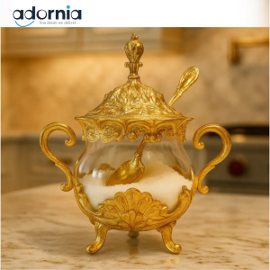 Ornate Gold Glass Dessert & Sugar Jar with Lid – Luxury Serving Bowl