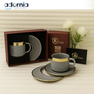 Premium Grey Porcelain Tea Cup & Saucer Set – Gold Rimmed Gift Boxed | adornia.pk