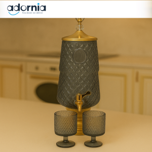 LUXURY AMBER TEXTURED GLASS WATER DISPENSER WITH 6 GOBLET CUPS – GOLD FAUCET & STAND | PREMIUM HOME & KITCHEN SERVER - BLACK