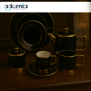 LUXURY 24 PIECE TEA SET – MODERN PORCELAIN DINNERWARE WITH TEAPOT, CUPS & PLATES FOR ELEGANT SERVING - BLACK