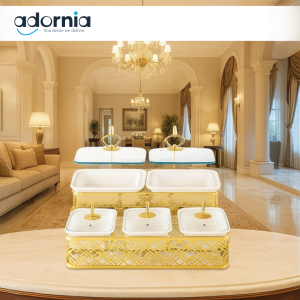 LUXOR 5-PORTION BUFFET SERVING DISH WITH GOLDEN STAND & CANDLE HOLDER – LUXURY FOOD WARMER SET