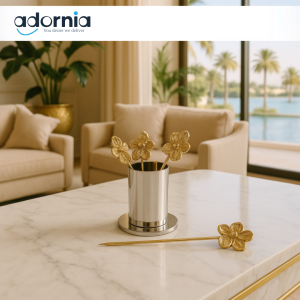 LUXURY GOLDEN FRUIT PICKER SET WITH HOLDER – PREMIUM DECORATIVE SKEWERS FOR SERVING FRUITS & SNACKS