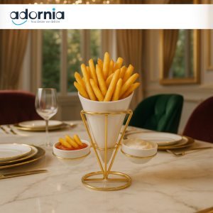 LUXURY GOLD FRIES CONE HOLDER WITH DIP BOWLS – FRENCH FRIES SERVING STAND FOR VILLA TABLETOP