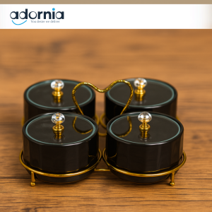 BLACK CONDIMENT JAR SET WITH GOLD STAND – LUXURY SPICE CONTAINER FOR VILLA KITCHEN & DINING - 4PIECE