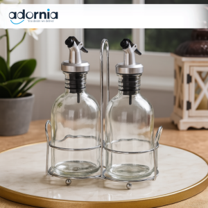 Danny Home Oil and Vinegar Dispenser Set with Stand – Stylish Glass Bottles for Dining Table & Kitchen Use