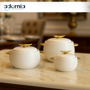 3-Piece Casserole Set with Gold Handles – Elegant White Serving Bowls for Villa Dining & Daily Kitchen Use