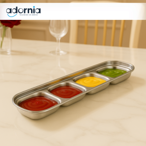 4-Compartment Sauce Tray – Silver Luxury Dish for Ketchup, Mustard, Chutneys & Dips