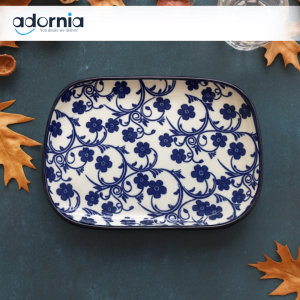Elegant Blue Floral Rectangular Ceramic Serving Plate | Premium Tableware for Stylish Presentation