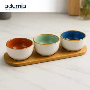 TrioTone Ceramic Dip Bowl Set with Wooden Tray – Elegant Serving Set for Sauces & Snacks