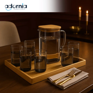 Smoke Glass Pitcher Set – Bamboo Lid & Tray Luxury Drinkware (7-Piece)
