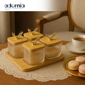 Golden Antler Spice Jar Set – 4-Piece Bamboo & Glass Organizer